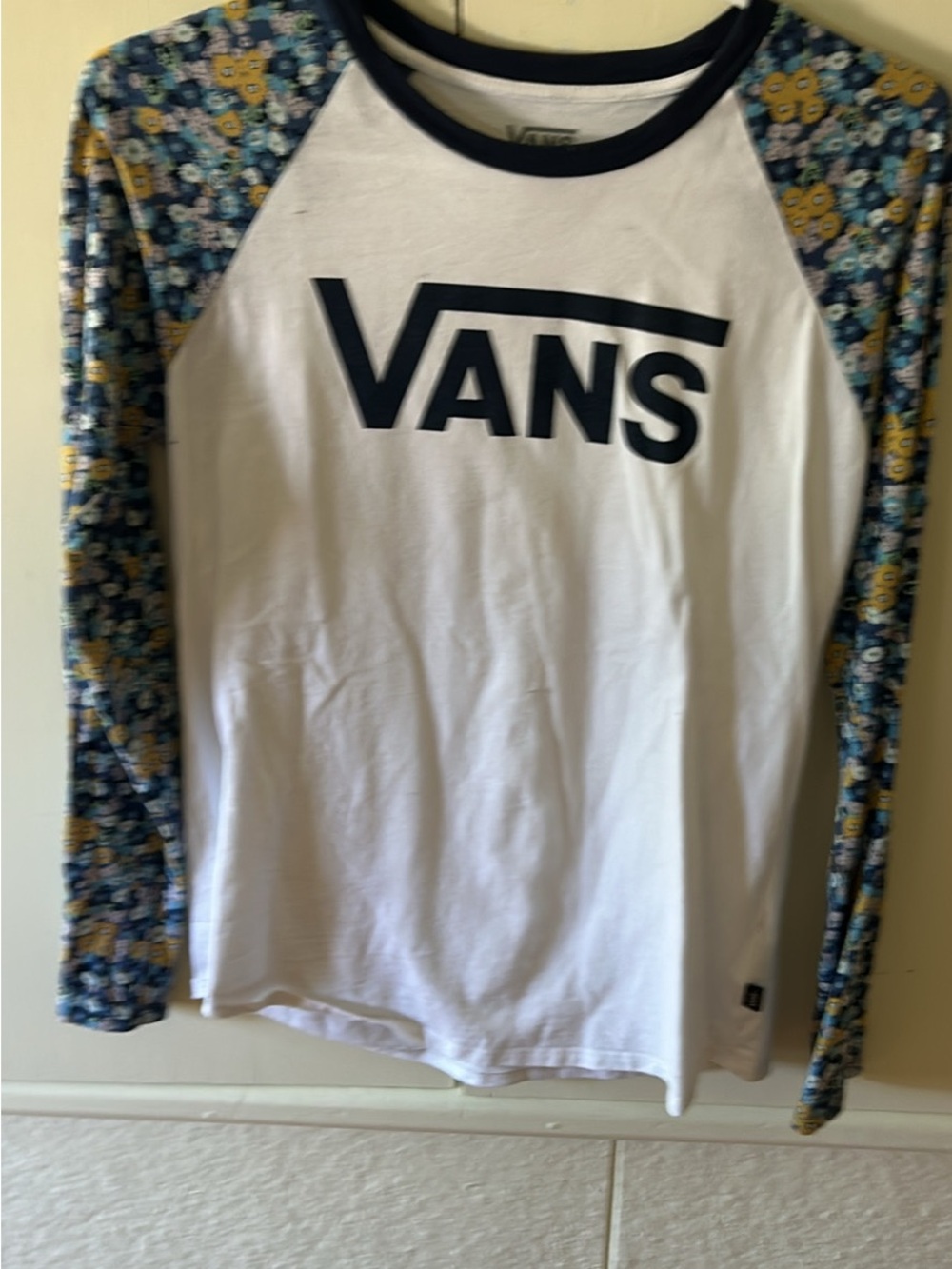 Vans White Raglan Top with Navy Logo and Floral Sleeves